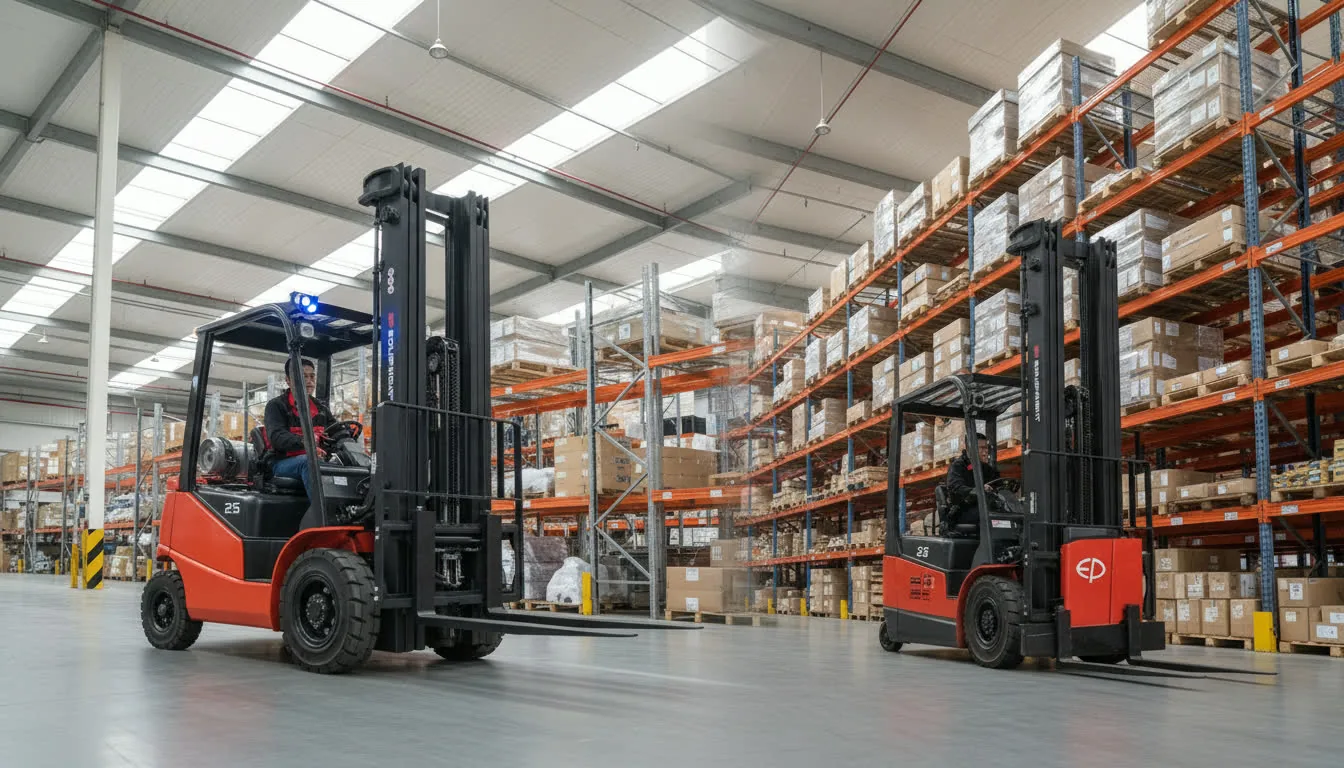 Transpaleta eléctrica EP Equipment moviendo pallets en depósito de supermercado